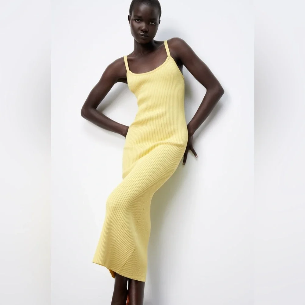 Zara butter yellow knitwear bodycon spaghetti strap midi dress. Backless. Medium - Picture 2 of 7